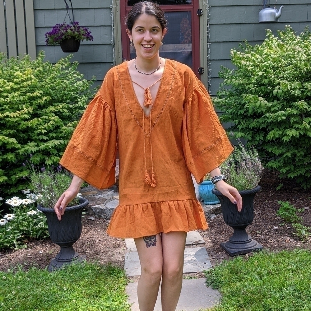 Storia Boho Dress Rust Orange Tassells Oversized Bell Sleeves Small Beautiful!!!